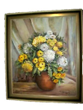 MID CENTURY FLORAL FLOWERS MUMS OIL PAINTING CANVAS PERIOD 1960s FRAMED SIGNED picture