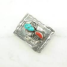 Vintage Native American Turquoise, Coral Stamped Sterling Silver Belt Buckle picture