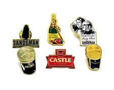 6 Alcohol Enamel Pin Badges, Sandeman, Guiness, Moet Jockey and Castle Lager, picture