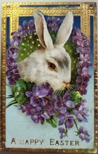 A Happy Easter, Rabbit & Flowers, Early 1900s Vintage Postcard picture