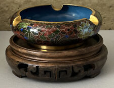 Stunning Antique Chinese Cloisonne Bowl with Carved Wooden Stand Vintage picture