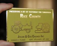 VINTAGE 1992 RICE COUNTY STEAM GAS ENGINE MN ANTIQUE SHOW METAL DASH PLAQUE SIGN picture