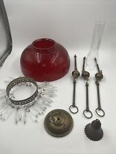 Antique Victorian Ruby Red Glass, Crystal, & Brass Parlor Lamp Parts for Repair picture