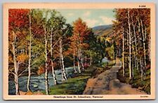 Greetings Saint Johnsbury Vermont Country Road Forest Mountains Linen Postcard picture