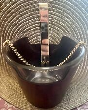Vintage Mid Century  Ice Bowl /Bucket Glass Gold Color Chain Handle + Ice Tongs picture