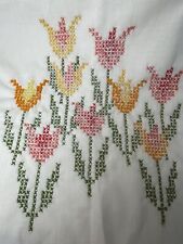Vintage Tulip Embroidered Cross Stitch  17 x 34 Red Yellow Orange Fabric picture