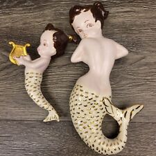 MCM Chalkware Mermaid Mother Daughter Wall Plaque Bathroom Decor White Gold Vtg picture
