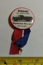 Vintage 1946 Fleetwood Fire Co Housing Dedication Ribbon Pin Firefighter Truck picture