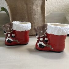 Vintage Ceramic Hand Painted Christmas Mouse on Santa Boot Vase Set Of 2 picture