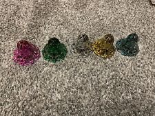 5 Vtg FILIGREE PLASTIC BELLS CHRISTMAS TREE ORNAMENTS PINK GREEN SILVER BLUE picture