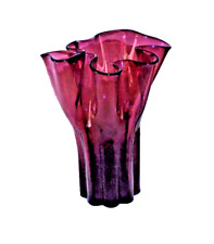 AAC Handcrafted Amethyst Purple Glass Handkerchief Vase Fluted Ruffled 6 1/2
