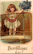 C. 1910 Lovely Best Wishes Gold Tone Guild Postcard Cute Girl on Balcony Flowers picture