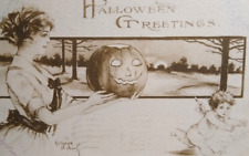 Halloween Postcard Kathryn Elliott Women With JOL Spooks Cherub Angel Sepia 1911 picture