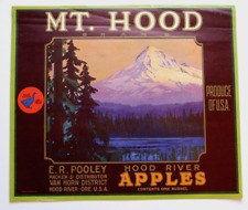 Original MT HOOD apple crate label E R Pooley Hood River Oregon Blue Goose pines picture