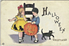 Halloween Postcard 400C, Stecher Cute Children Black Cat JOL PUMPKIN picture