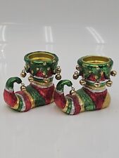 Pair Christmas Elf Shoe  Candle Holders With Bells Made Of Resin Painted 3
