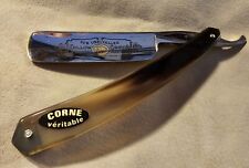 Genuine polished horn 6/8 French straight razor in leather snap pouch - Mint picture