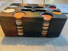 Antique Poker Chips & Wooden Chip Caddy Butterscotch Black Red Blue Bakelite picture