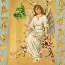 Postcard EASTER Greetings Angel with Green & Gold Bells Embossed Germany 1913 picture