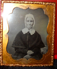 1/6th Size Ambrotype of older lady in bonnet in brass mat/frame picture