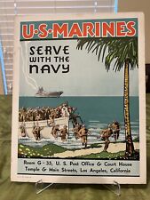 Pre WW2 US MARINE CORPS Recruiting Sign / Poster - USMC 1939 Serve w the Navy picture