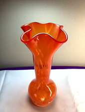 Retro Vintage Art Glass Swung Vase Hand Blown Ruffle Top Orange Slag Swirl   344 picture
