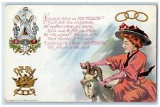 c1910's Odd Fellow IOOF Fraternal Humor Woman Riding Goat  Antique Postcard picture