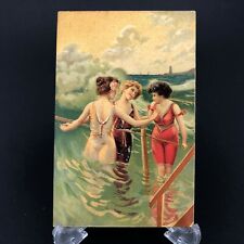 Antique Bathing Beauty Postcard Beach Machine Woman Vtg Risque Light Tower Waves picture