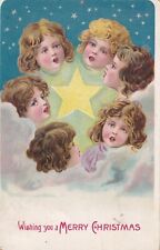 Vintage Wishing You A Merry Christmas Postcard 1909 Young Angel Girls Singing picture