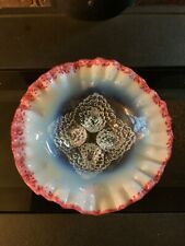 Antique Jefferson Glass Co White Opalescent Footed Bowl with Cranberry Frit Edge picture