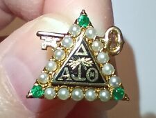 Vtg 1930s Delta Alpha Theta 10k Y Gold Seed Pearl Emerald Key Sorority Pin 3.06g picture