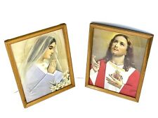 Antique Religious Silk Art - Jesus & Mary Picture Pair Catholic Christmas Decor picture