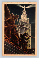 Old Postcard Terminal Tower Cleveland OH Soldiers Sailors Memorial Statue 1940s picture