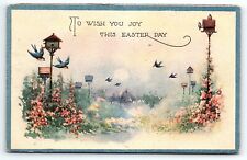c1920 TO WISH YOU JOY THIS EASTER DAY FLORAL BIRDS BIRDHOUSES POSTCARD P3306 picture