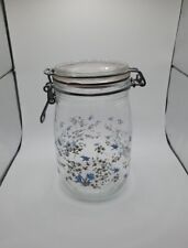 ARC France Cannister Jar Blue Flowers 'Niveau De Remplissage' 1L Hinged Lid VTG picture
