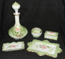 5 pc Victorian Milk Glass Vanity Set ~ Painted Dresser Bottle 2  Boxes & Trays picture