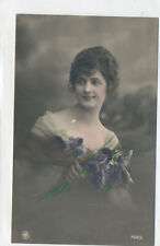 Postcard - Hand tinted Photo - Woman Holding Bunch of Purple Flowers picture