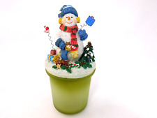 Frosted Green Glass Votive Snowmen Figure Resin Topper Christmas Holiday Season picture