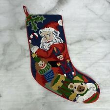 Vintage Needlepoint Christmas Stocking Santa Claus and Toys Red Back picture