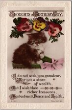 1910s HAPPY BIRTHDAY Embossed GEL Postcard Kitten / Pansy Flowers / ROTARY PHOTO picture