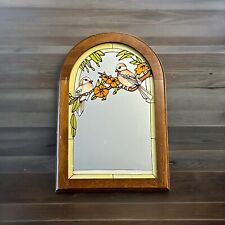 VINTAGE Bird Wooden Wall Hanging Arched Mirror STAINED Glass Birds Cottage-core picture