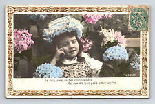 c1907 RPPC French Hand Colored Portrait of Girl Hydrangea Flowers CPA Postcard picture