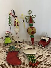 Lot of 6 glittery metal flocked snowman reindeer Snowman stocking truck picture