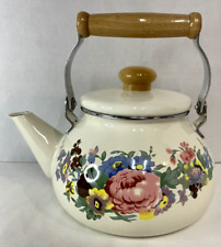 Vintage Enamelware Almond Floral Tea Kettle/Pot English Cottage New picture