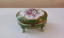 Vintage Norleans Green Floral Footed Trinket Box Cottagecore Shabby Chic picture