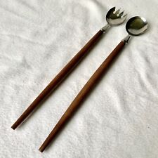 Vintage Salad Servers Stainless Wood Mid-Century Modern Danish Style Long Japan picture