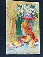 Antique Postcard Embossed Easter Rooster Chicks Gold Trim Germany Unused B7189 picture