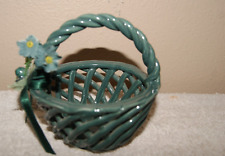 Vintage Glazed Green Ceramic Basket - Woven Design with flowers (Y) picture