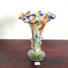 Antique Handmade Multi Color Dotted Pattern Glass Flower Vase Pontil Mark GV174 picture