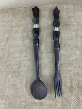 Hand Carved Hardwood Teak African Ebony Tribal Salad Toss Serving Spoon Fork picture